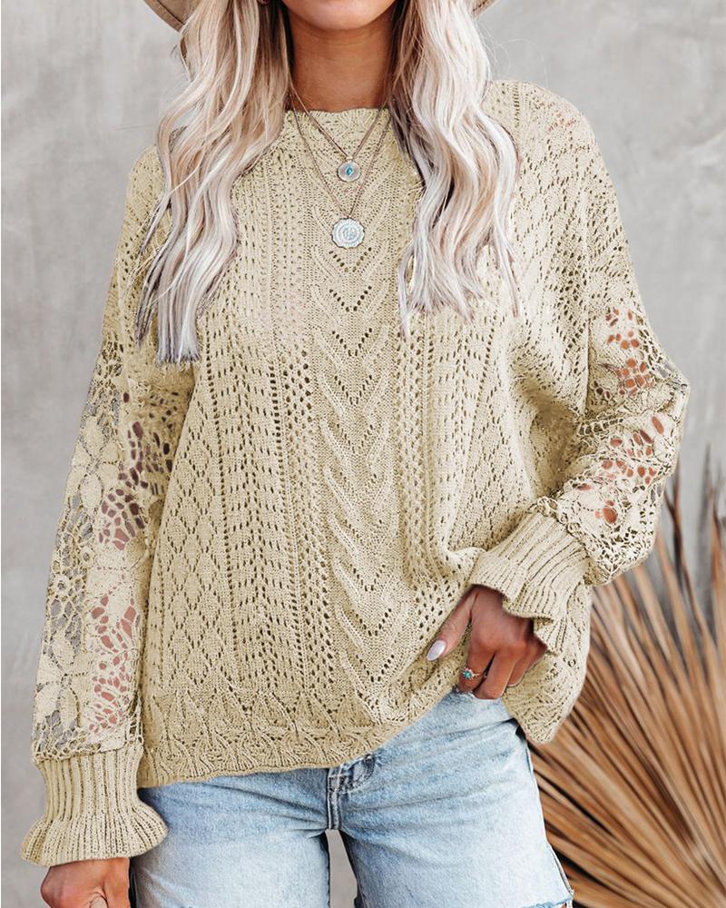 

Contrast Lace Long Sleeve Pointelle Knit Sweater, Apricot