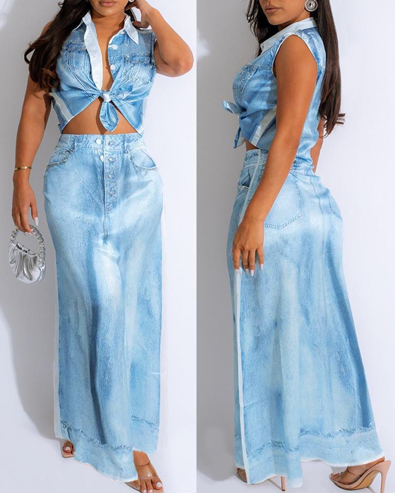 

Denim Look Print Sleeveless Buttoned Top & Skirt Set, Blue