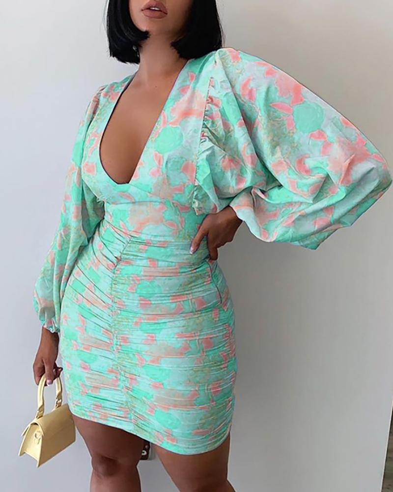 

Floral Pattern Print Lantern Sleeve Ruched Bodycon Dress, Green