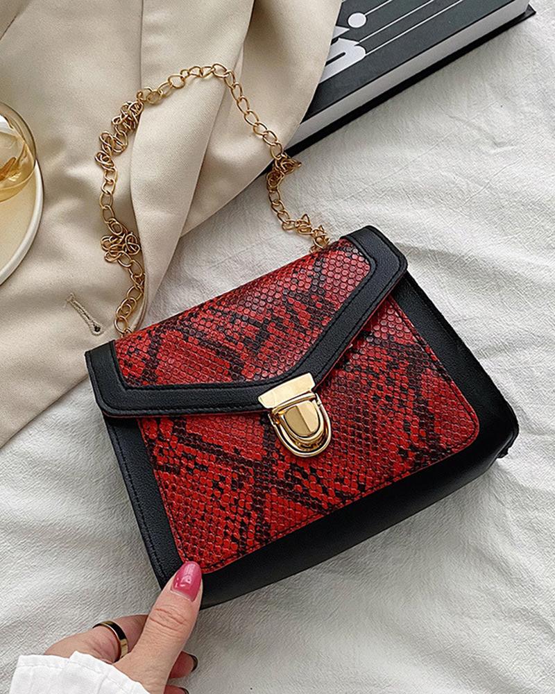 

Snakeskin Chain Strap Square Bag, Red