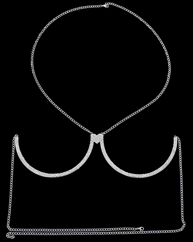 

1pc Heart Decor Halter Rhinestone Bra Body Chain, Silver