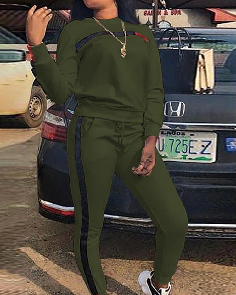 

Side Stripes Long Sleeve Drawstring Tracksuits, Army green