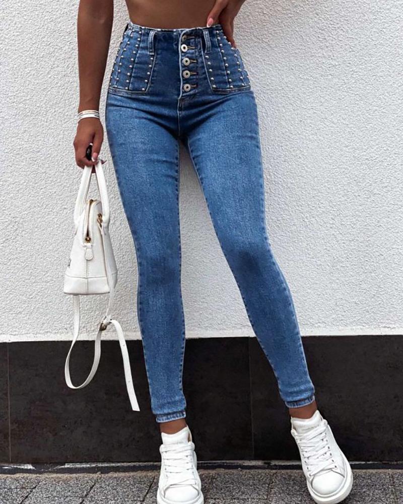 

Studded Button Front High Waist Jeans, Blue