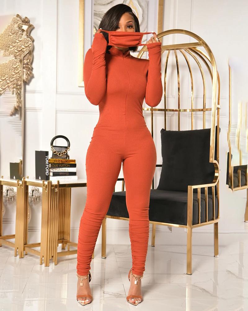 

Zipper Design Ruched Long Sleeve Skinny Jumpsuit, Orange