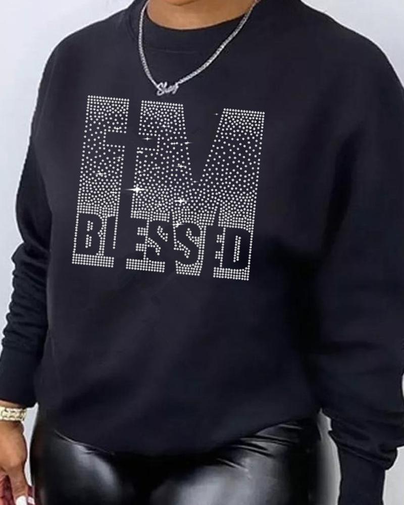 

Plus Size Rhinestone Letter Pattern Casual Sweatshirt, Black