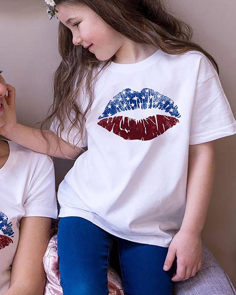 

Mommy & me Lip Flag Pattern Print Short Sleeve T-shirt For Kids, White