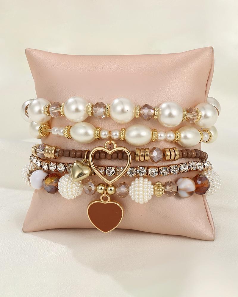 

5pcs Heart Pattern Beaded Pearls Rhinestone Decor Bracelets Set, Coffee