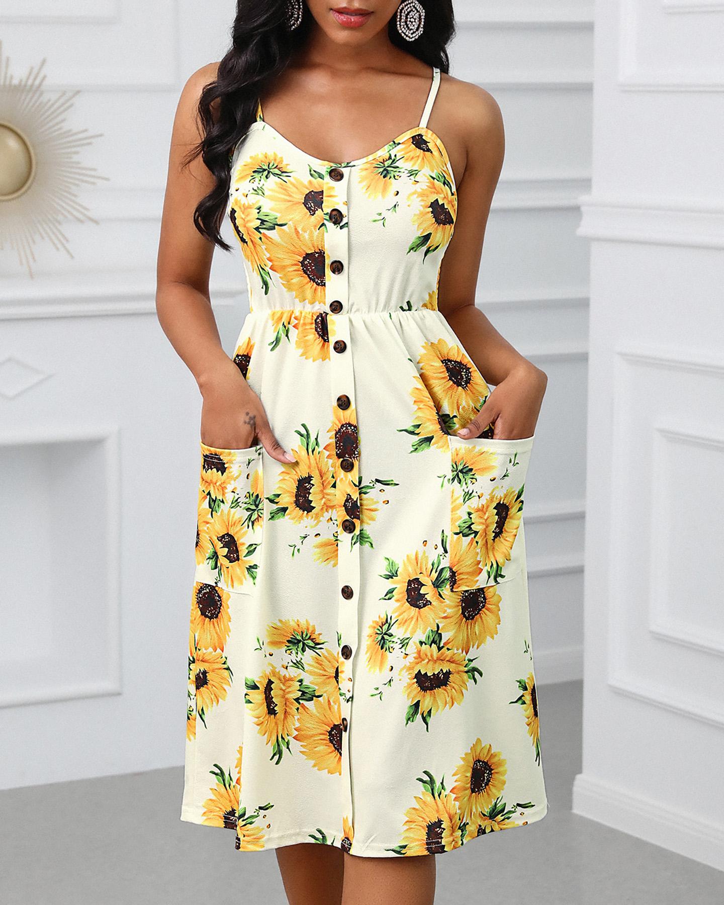 

Sunflower Print Spaghetti Strap Casual Dress, White