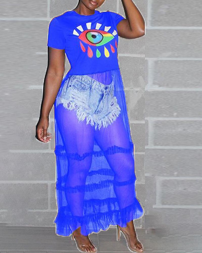 

Short Sleeve Eye Print Mesh Stiching Shirt, Blue