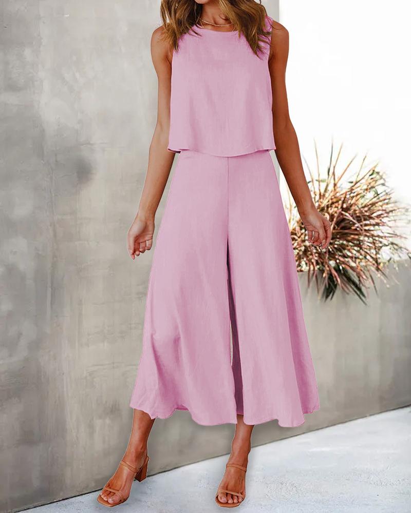 

Sleeveless Round Neck Top & Wide Leg Pants Set, Pink