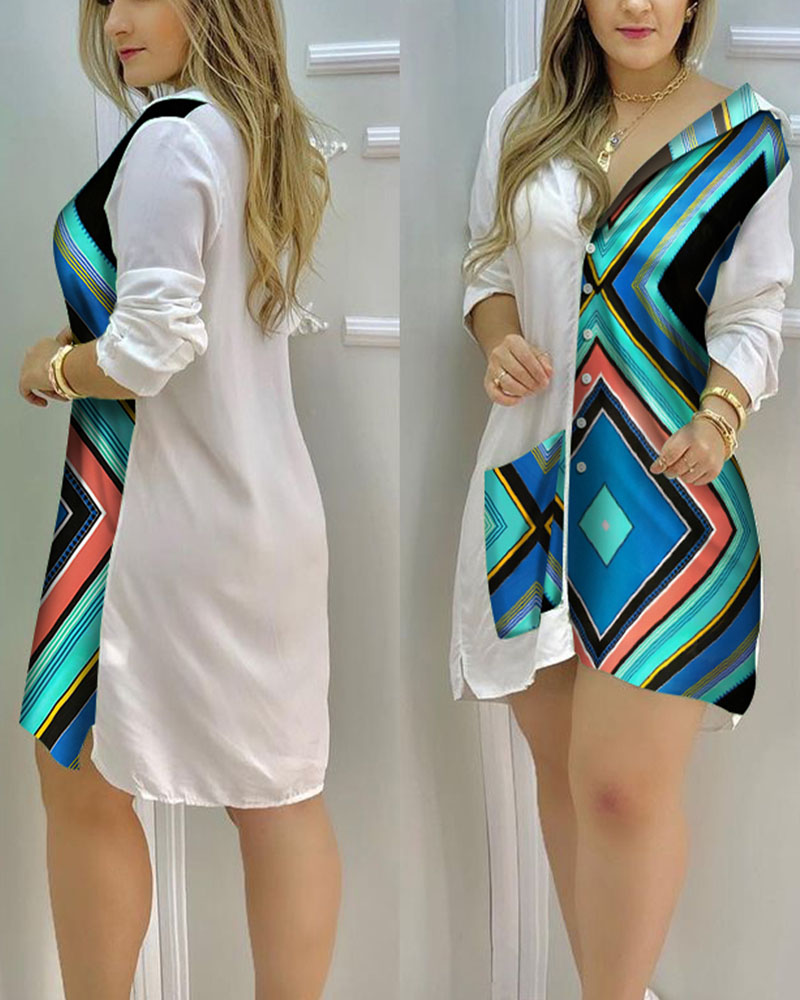 

Patterns Print Patchwork Long Sleeve Button-up Mini Shirt Dress, Multicolor