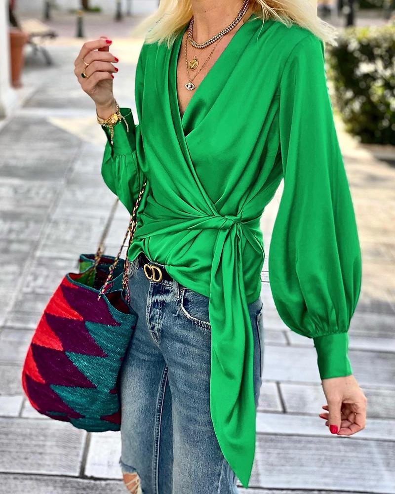 

Lantern Sleeve Satin Crisscross Tied Detail Top, Green