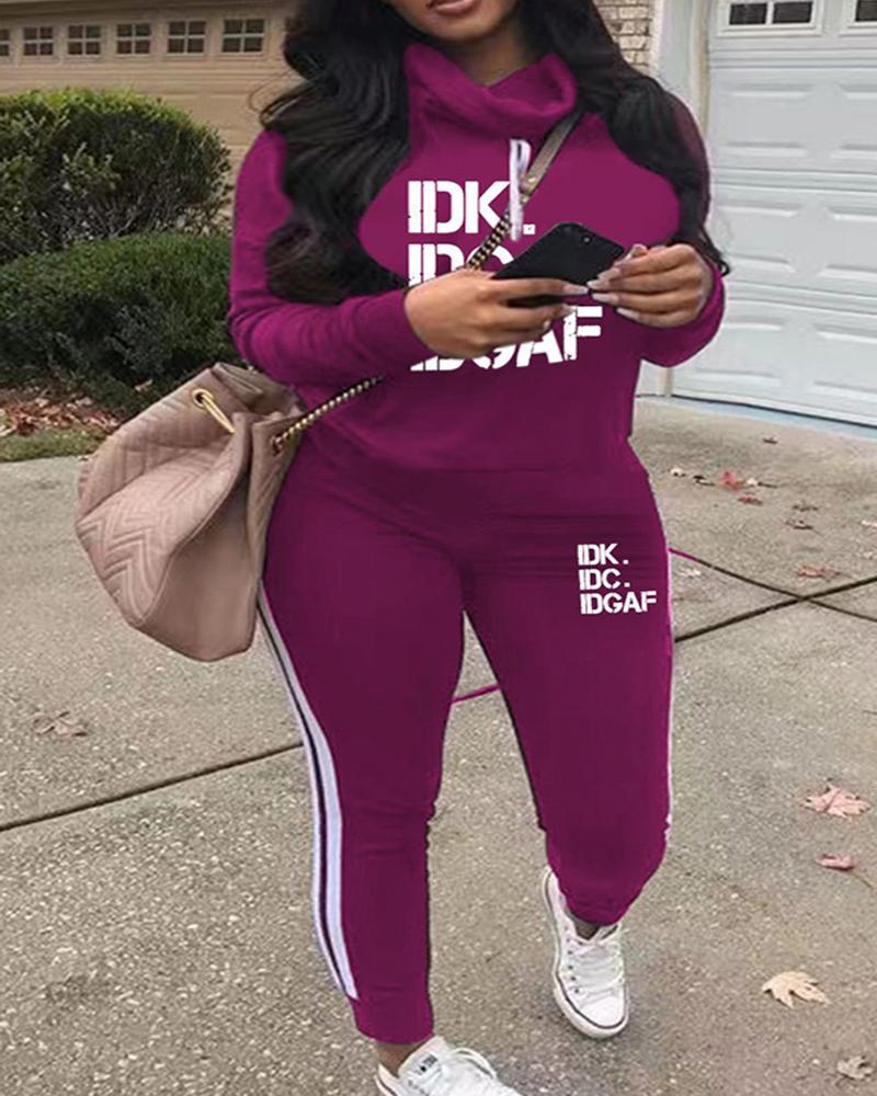 

Plus Size Letter Print Long Sleeve Casual Top & Pants Set, Purple