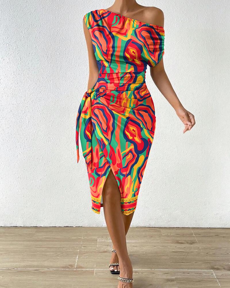 

Multi-Color Abstract Print Tied Detail Skew Neck Party Dress, Multicolor