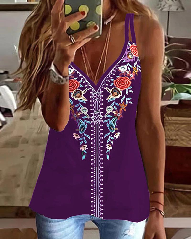 

Floral Tribal Print Casual Cami Top, Purple