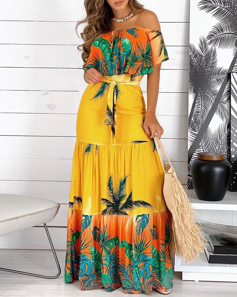 

Off Shoulder Tropical Print Ruffles Maxi Dress With Belt, Orange