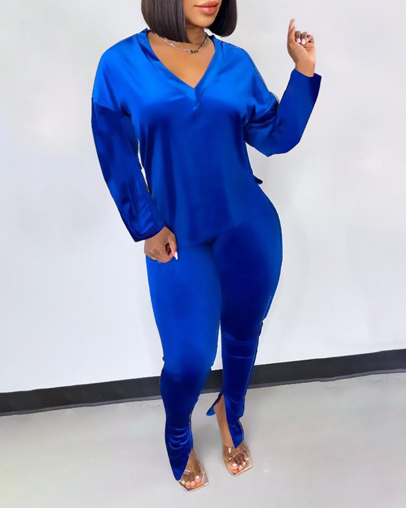 

V-neck Long Sleeve Top & High Waist Slit Pants Set, Blue