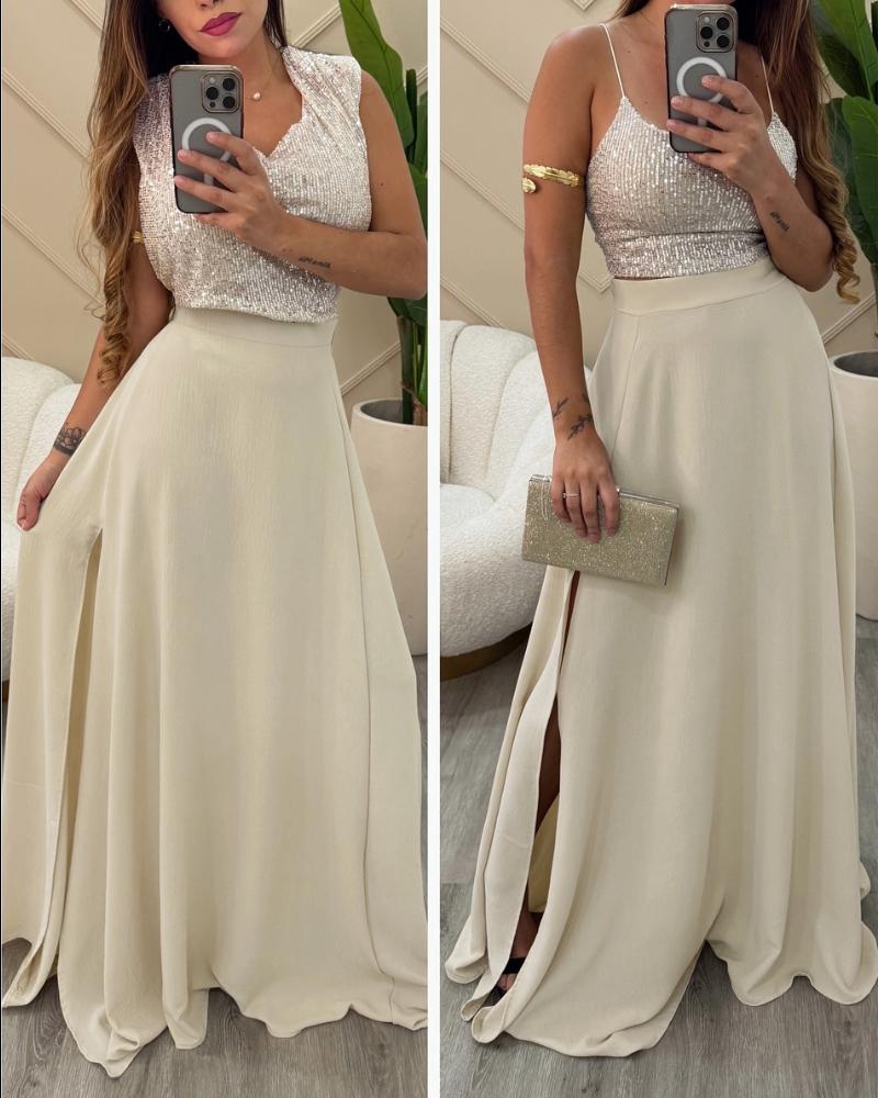 

High Wasit A Line Slit Long Skirt Casual Flowy Summer Maxi Skirt, Apricot