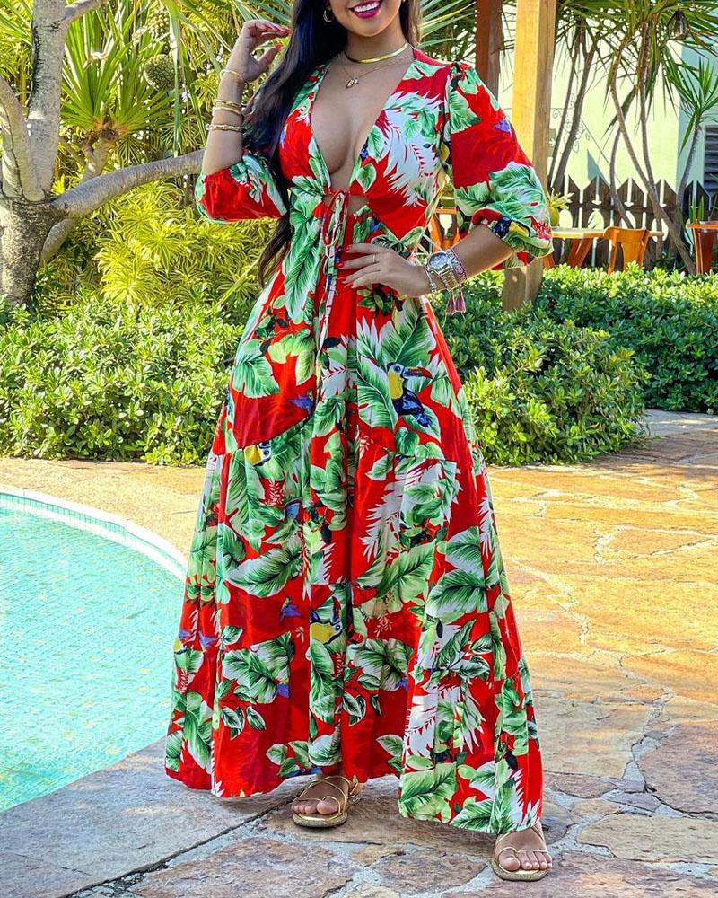 

Tropical Print Tied Detail Maxi Dress, Red