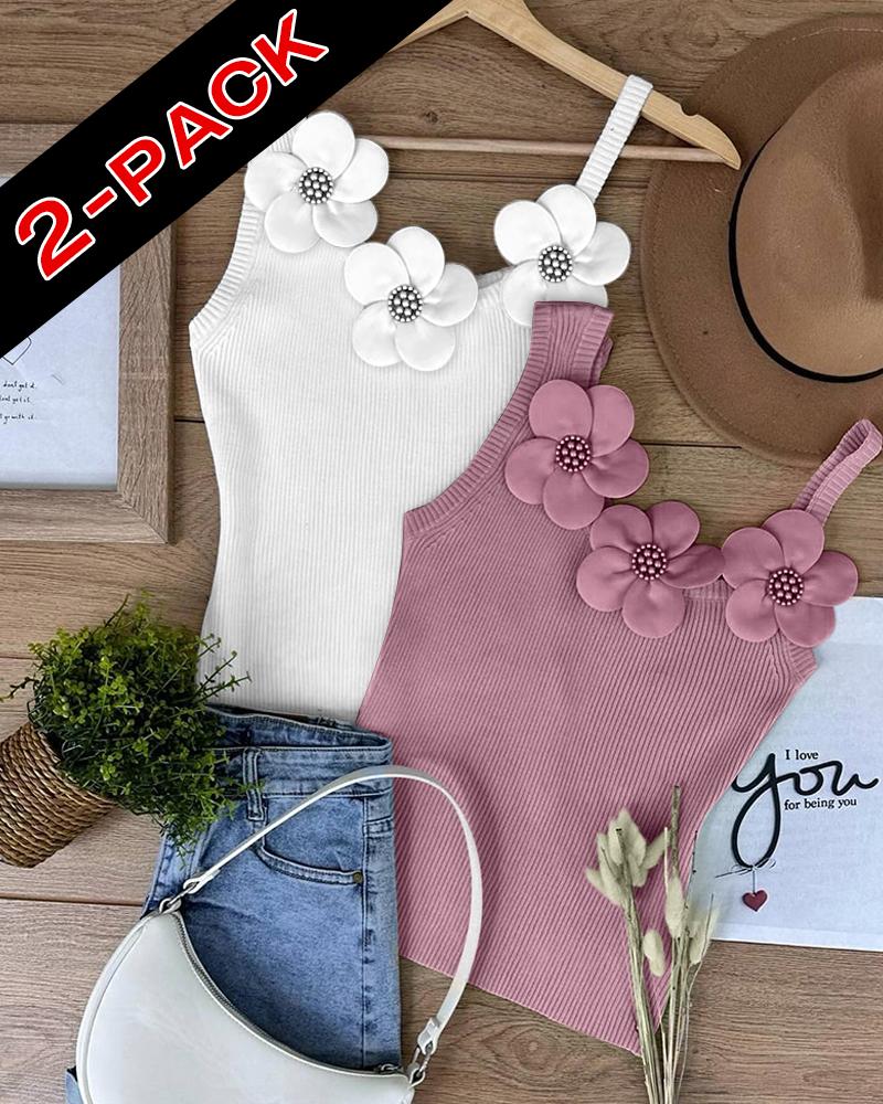 

Lot de 2 débardeurs à fleurs 3D unis, col asymétrique, sans manches, camisole décontractée en tricot côtelé, Style6