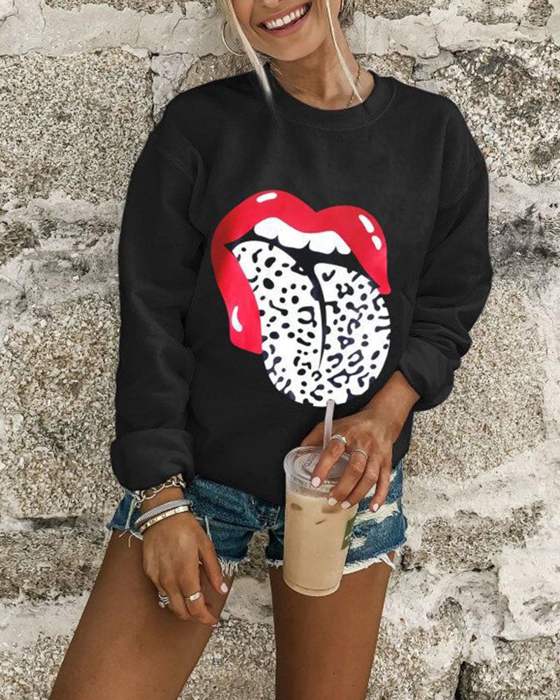 

Lip Letter Print Long Sleeve Casual Sweatshirt, Black