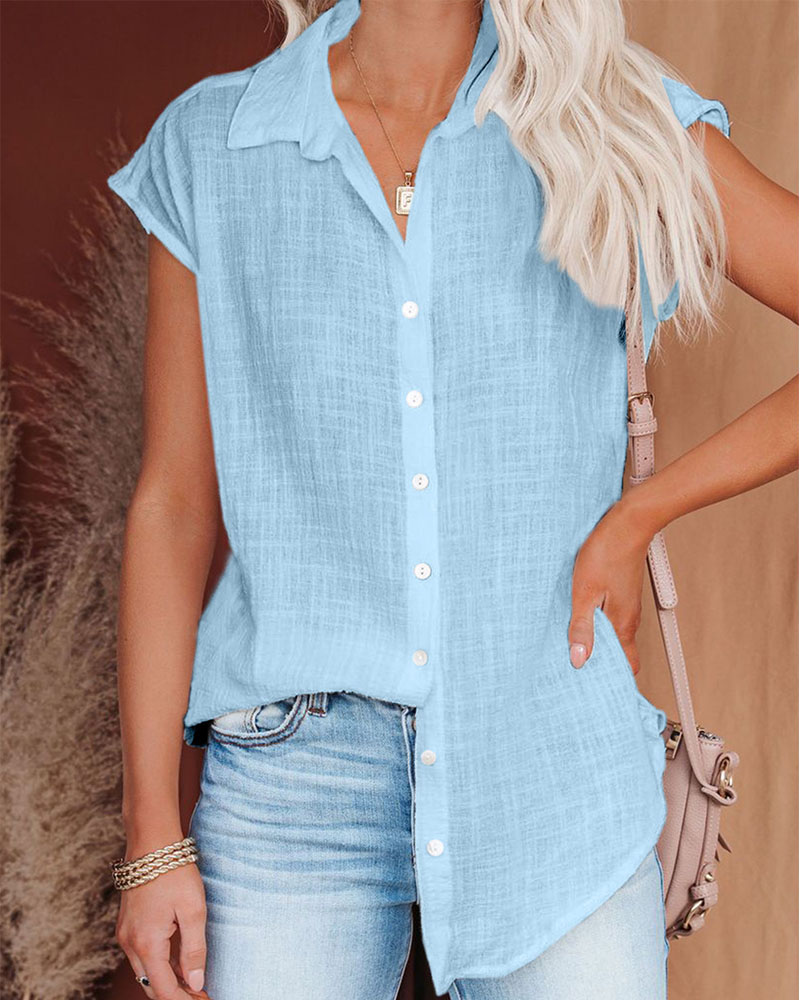 

Casual Short Sleeve Button Down Shirt, Blue