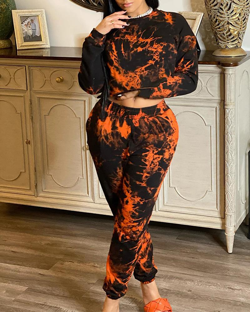 

Tie Dye Print Long Sleeve Top & Cuffed Pants Set, Orange