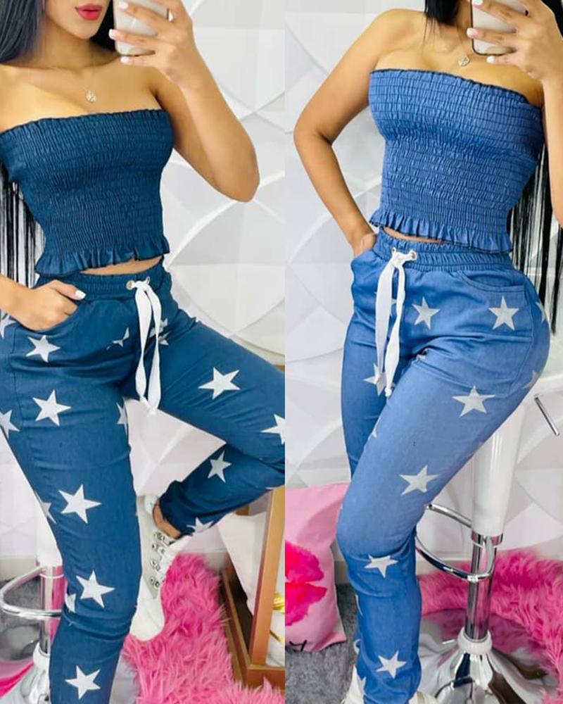 

Bandeau Shirred Top & Star Print Drawstring Pants Set, Blue