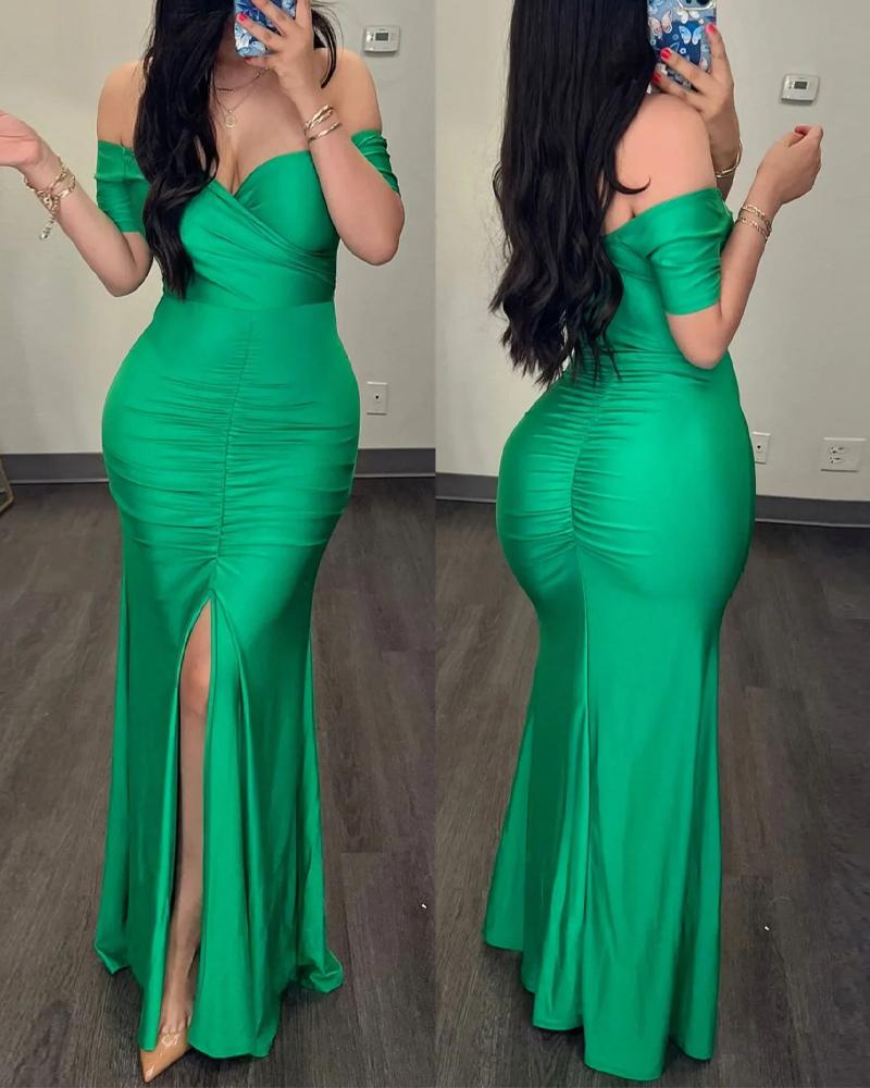 

Off Shoulder Slit Ruched Overlap Bodycon Dress, Green