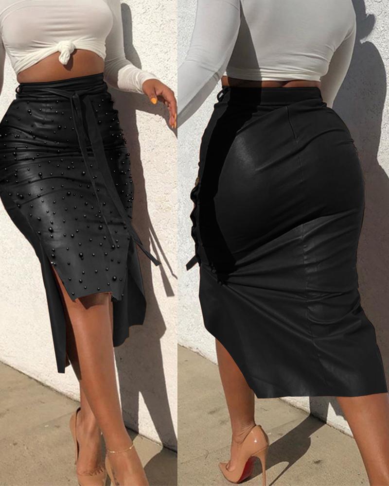 

High Waist Beaded Slit Asymmetrical Skirt, Black