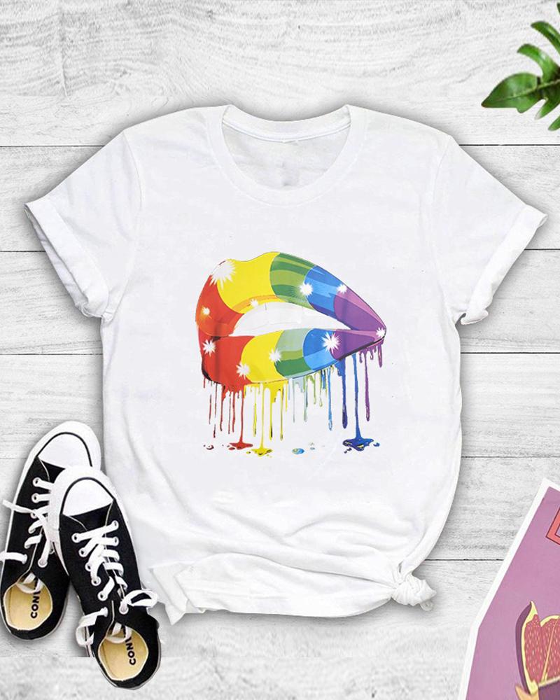 

Multicolor Lip Print Short Sleeve T-shirt, White