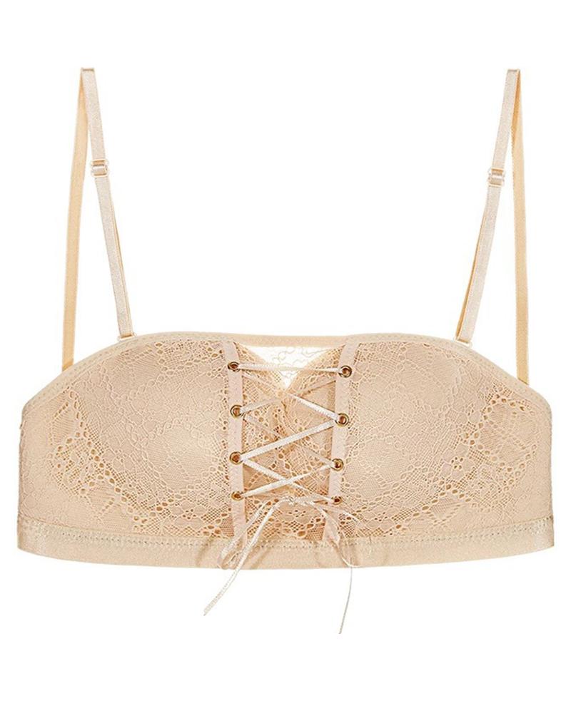 

Eyelet Lace-up Stay Put Seamless Strapless Lace Bra, Nude