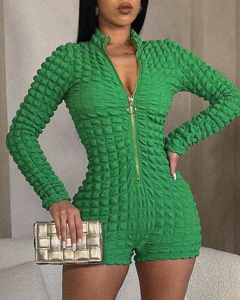 

Long Sleeve Zip Front Textured Romper, Green