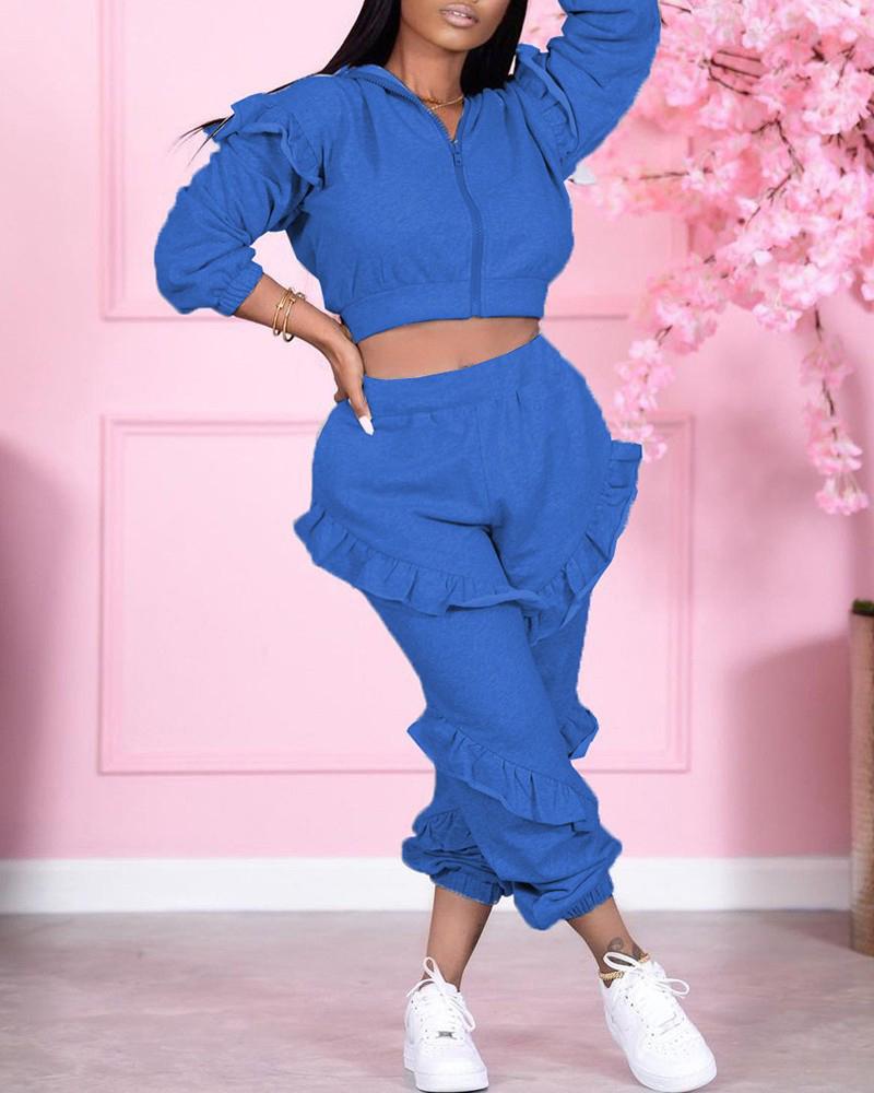 

Frill Hem Hooded Zip Up Crop Top & Pants Set, Blue