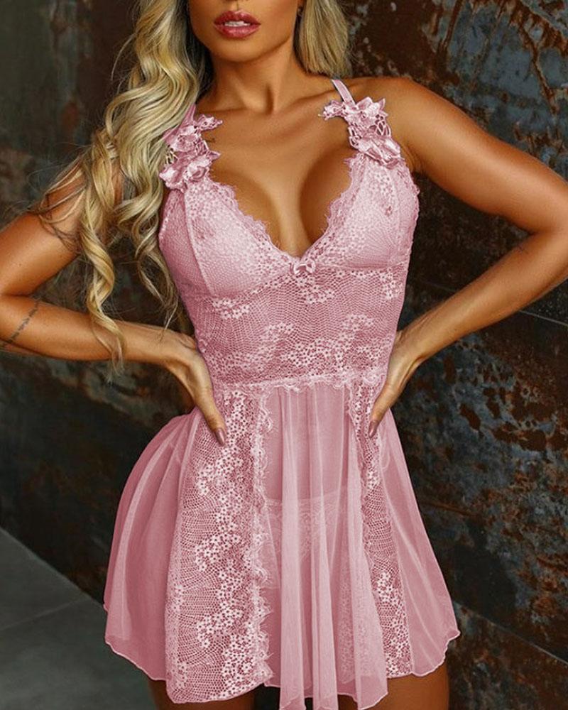 

Criss Cross Backless Contrast Lace Sheer Mesh Babydoll, Pink