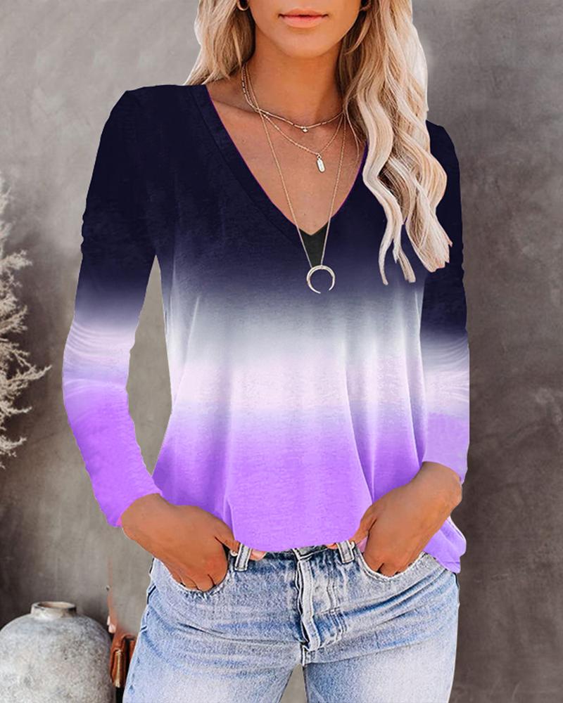 

Ombre V-Neck Long Sleeve Blouse, Purple