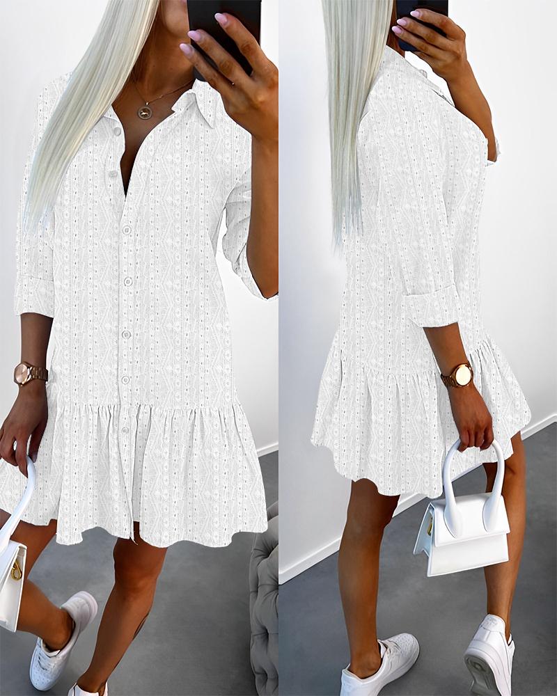 

Long Sleeve Eyelet Embroidery Buttoned Ruched Shirt Dress, White