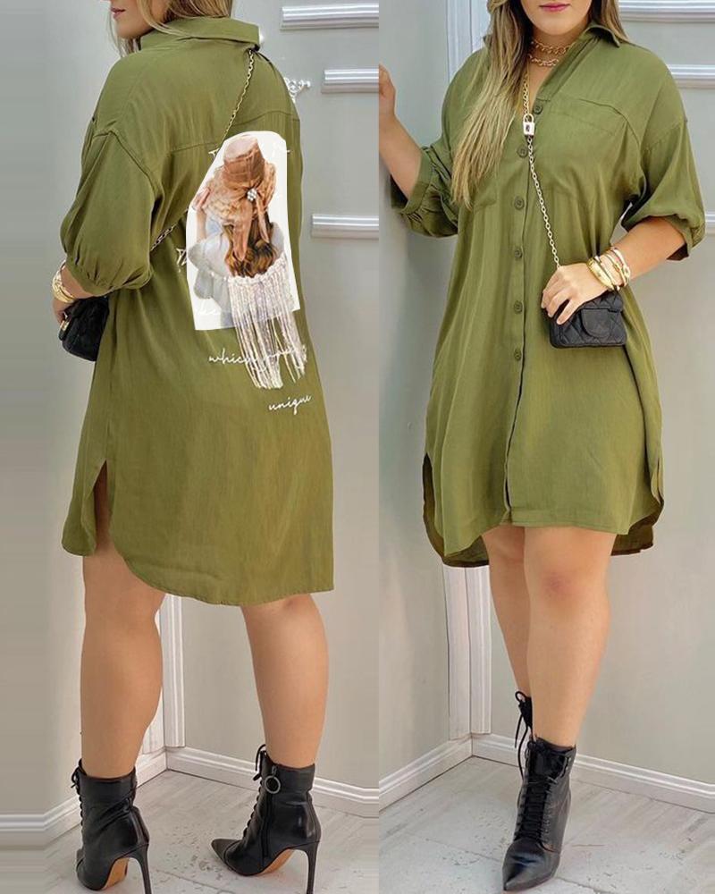 

Graphic Print Buttoned Slit Shirt Dress, Army green