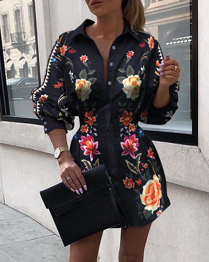 

Floral Print Tight Waist Shirt Dress, Black