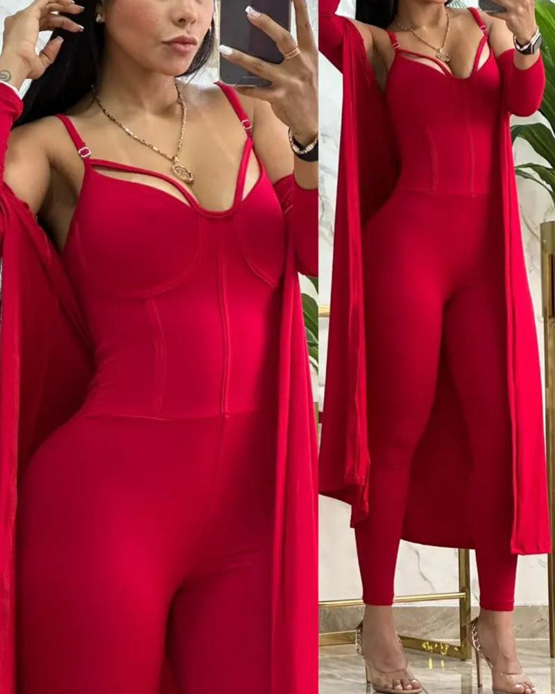 

Cami Corset Jumpsuit & Longline Coat Set, Red