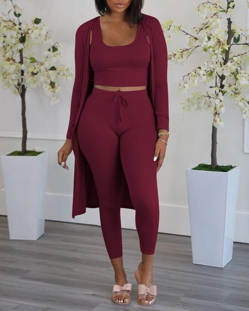 

Ribbed Crop Tank Top & Drawstring Pants With Longline Cardigan Set, Wine red