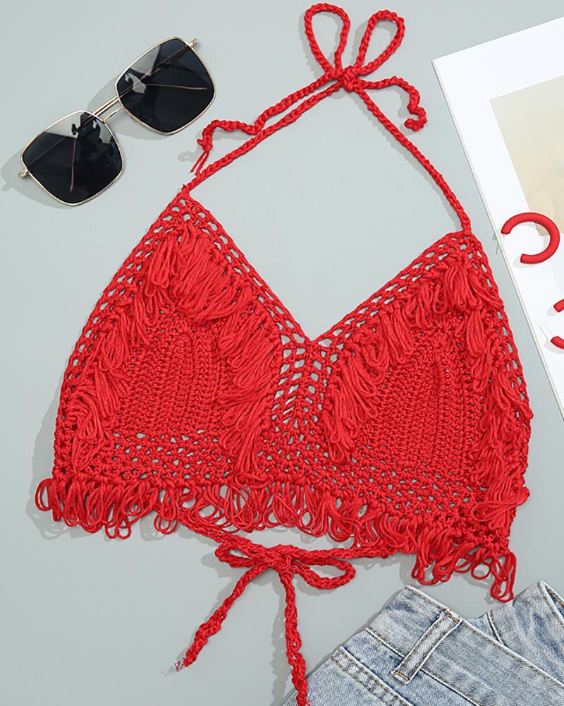 

Halter Tassel Decor Hollow Out Bikini, Red