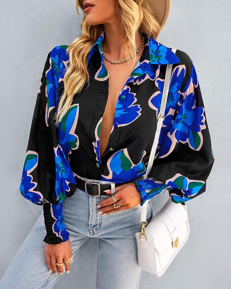 

Floral Print Lantern Sleeve Buttoned Top, Black