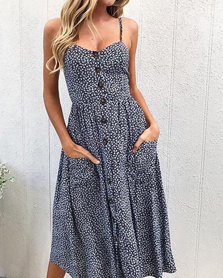 

Polka Dot Button Front Strappy Casual Dress, Dark blue