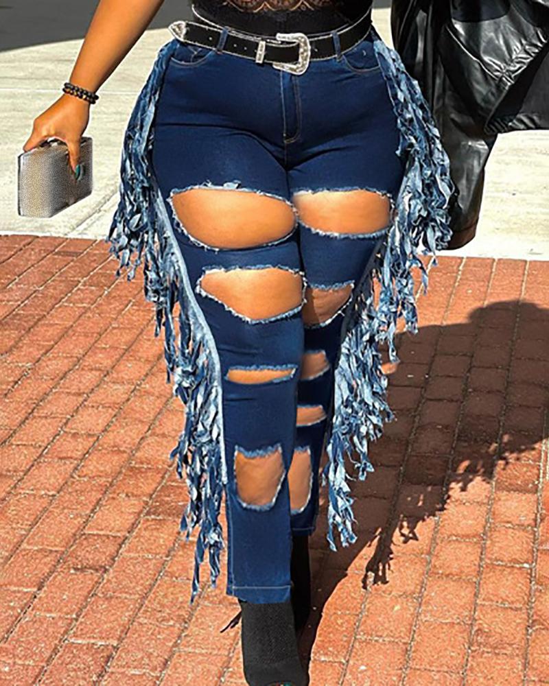 

Plus Size Tassel Design Cutout High Waist Jeans, Dark blue