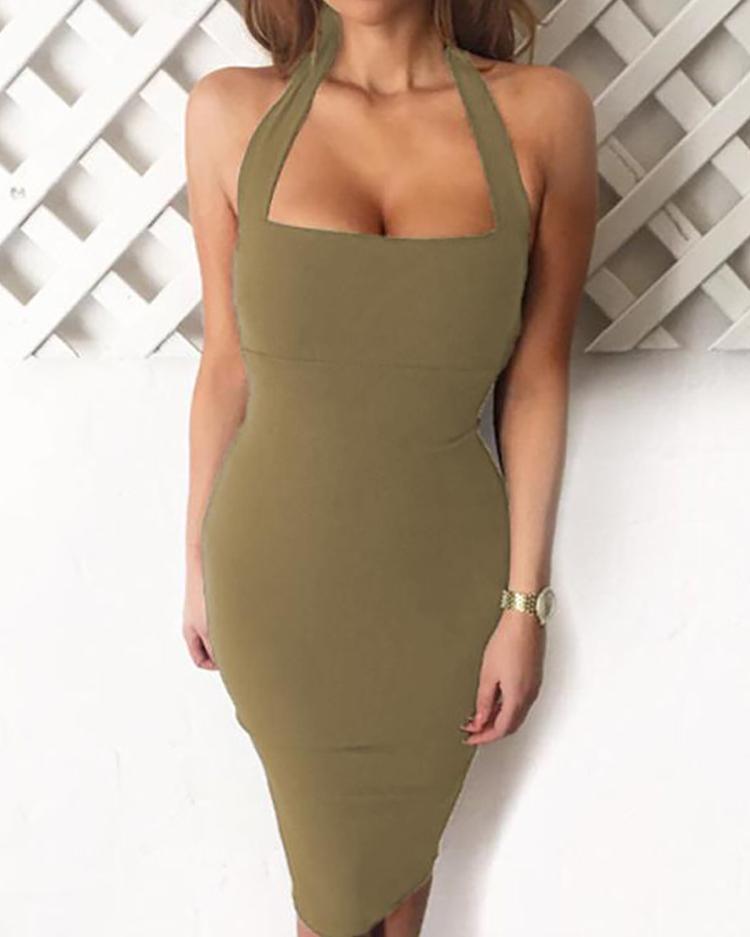 

Women' Halter Low Cut Slinky Bodycon Dress, Khaki