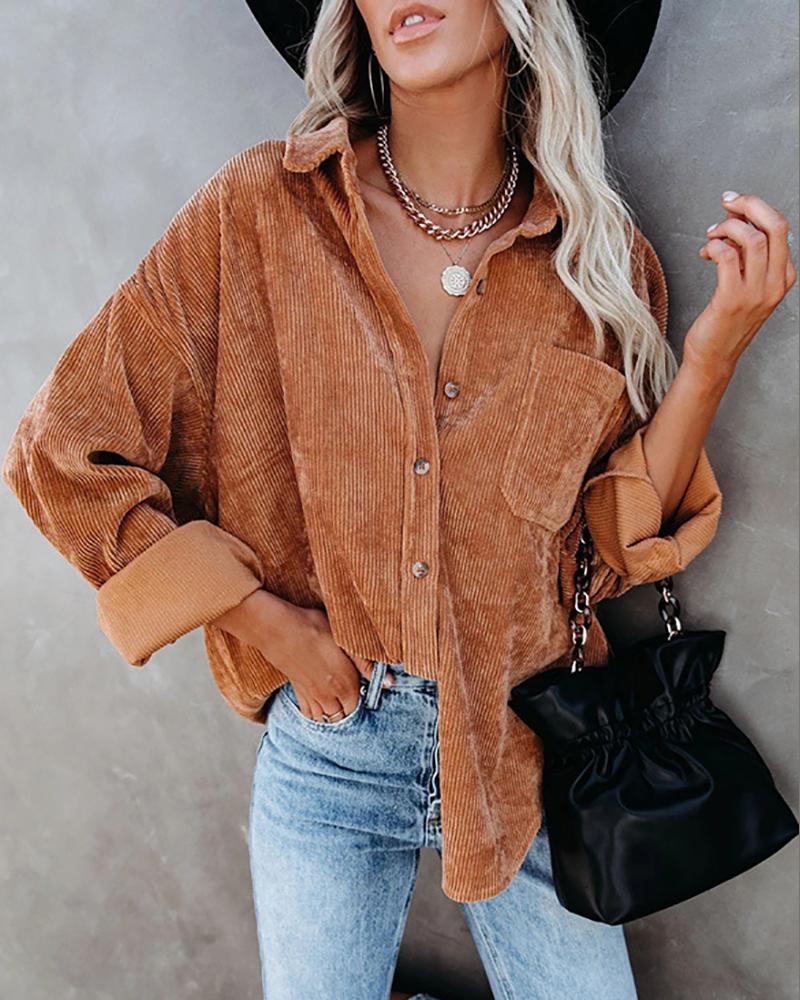 

Button Pocket Design Long Sleeve Casual Shirt, Brown