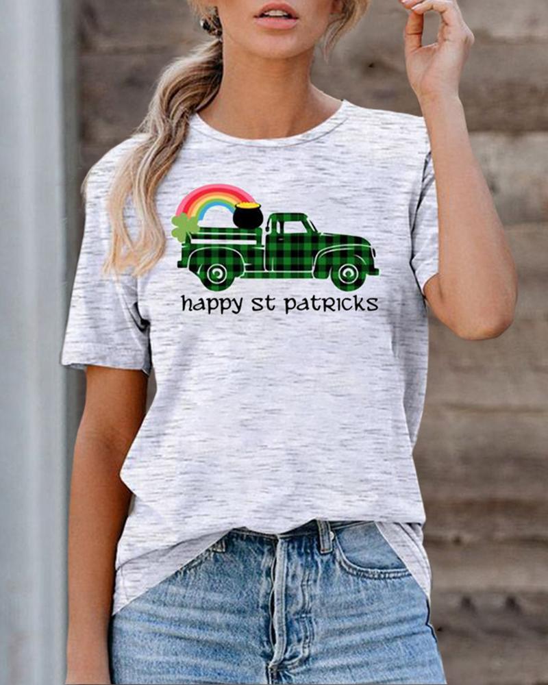 

Leaf Letter Print Short Sleeve Cotton T-Shirt, Style5