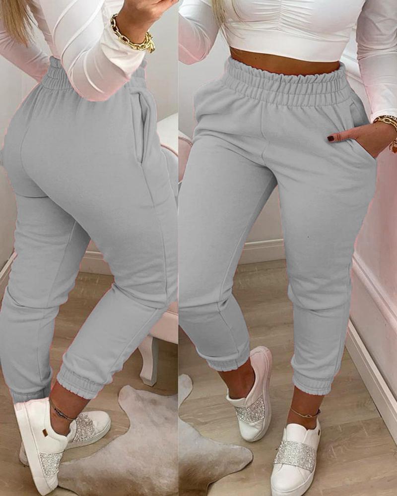 

Pocket Design Shirring Waist Frill Hem Casual Pants, Gray