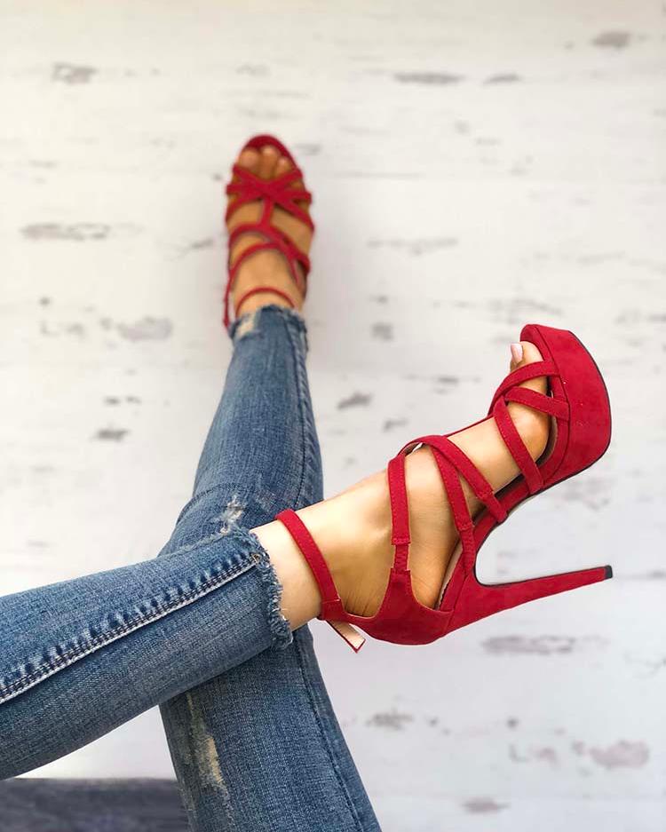 

Multi-strap Buckle Platform Thin High-heeled Sandals, Orange;red;pink